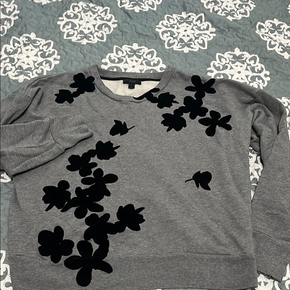 J. Crew Gray and Black Crew Neck Sweater with Floral Design